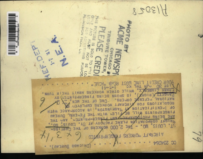 Load image into Gallery viewer, 1941 Media Photo Curtiss-Wright Corp Plane factory workers fingerprinted
