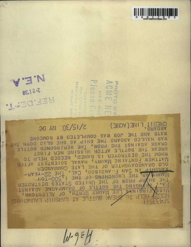 1938 Media Photo Virginia LM Werth christens US destroyer Maury at San Fran.