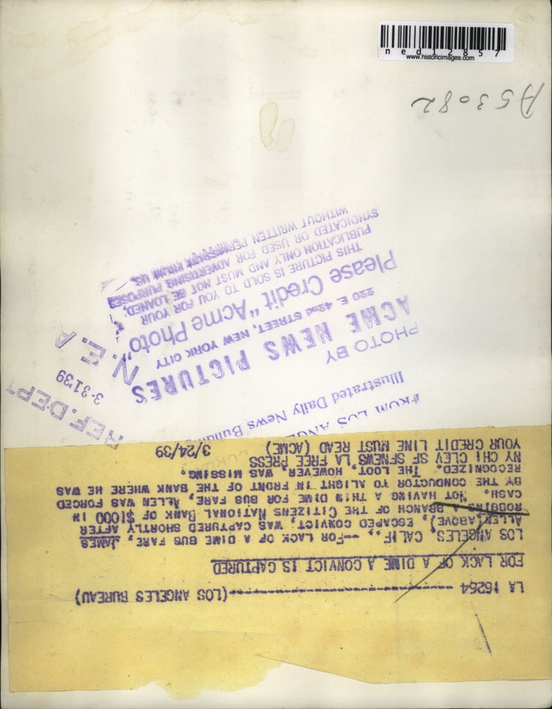 1939 Media Photo LA Calif James Allen escaped convict captured at bank heist