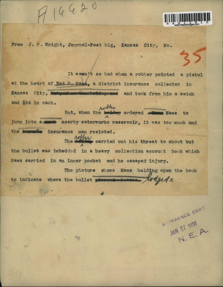 1931 Media Photo Ned Maes was saved by the by the collection account book