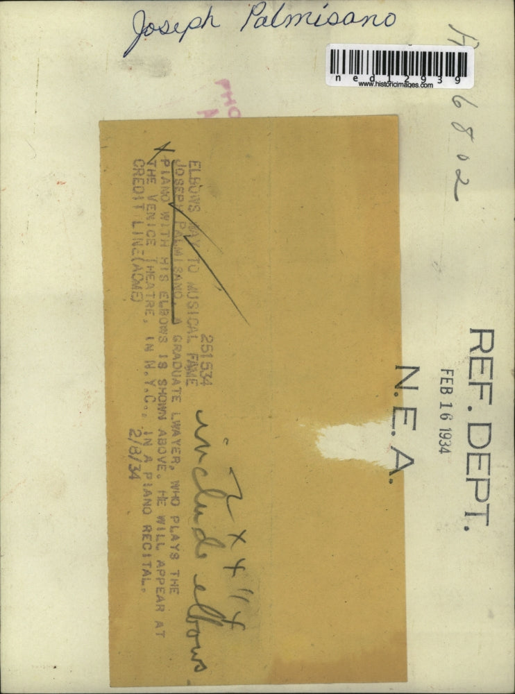 1934 Media Photo Joesph Palmisano plays piano with elbows he will appear at