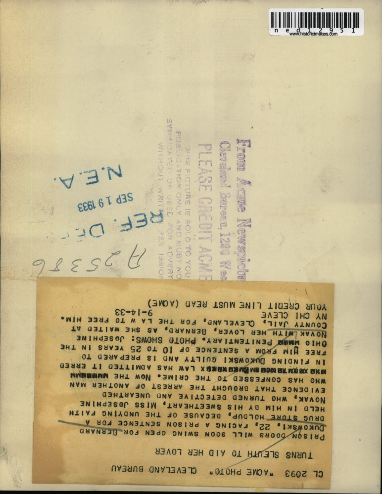 1933 Media Photo Holdaper Bernard Dukowski & sweetheart Miss Josephine Novak