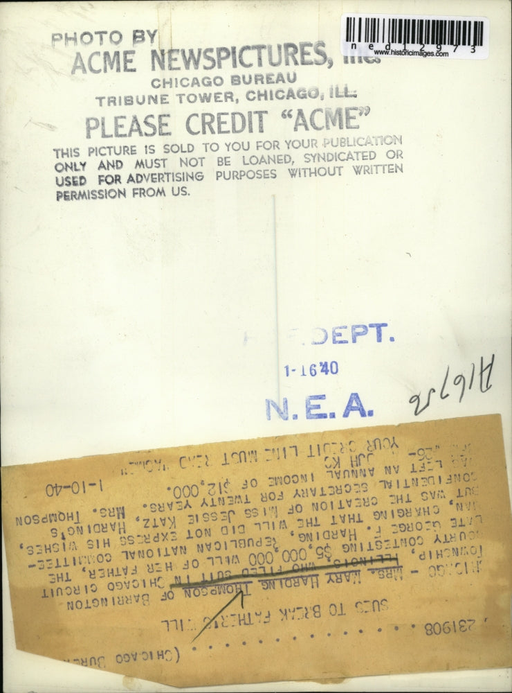 1940 Media Photo Chicago Ill. Mrs Mary Harding Thompson contests dad's will