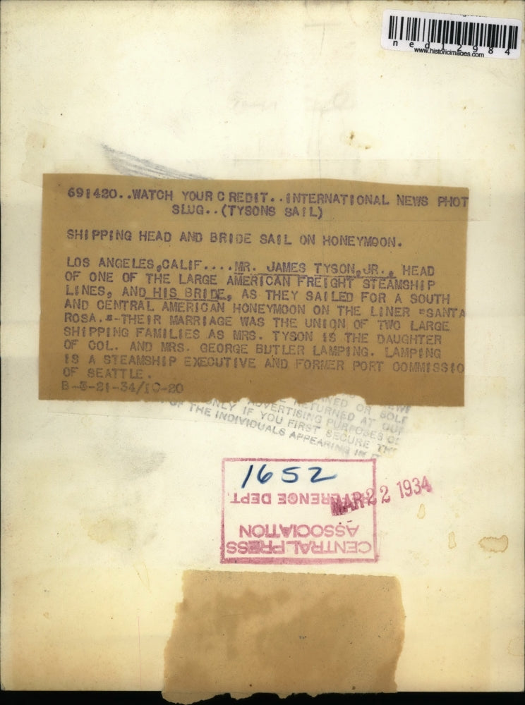 1934 Media Photo James Tyson Jr with His Bride on Liner Santa Rosa