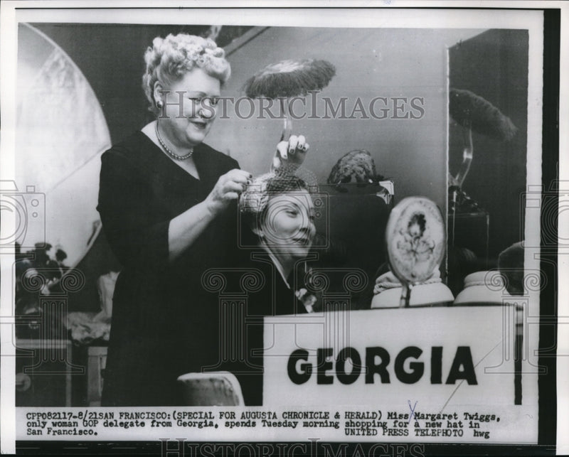 Load image into Gallery viewer, 1956 Media Photo Margaret Twiggs, GOP Delegate of Georgia Shopping for Hat
