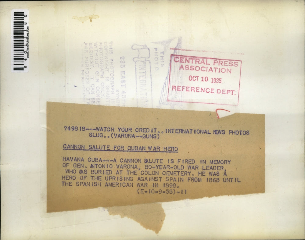 1935 Media Photo Cannon Salute Fired in Memory of Gen. Antonio Varona, Cuban