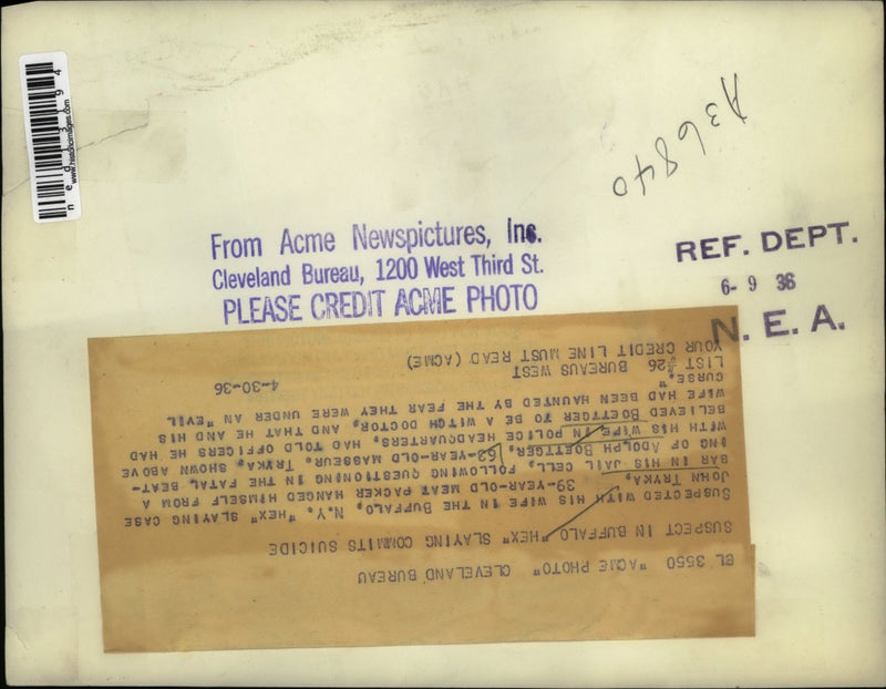 Load image into Gallery viewer, 1936 Media Photo John Tryka and Wife Suspects in Killing of Adolph Boettger

