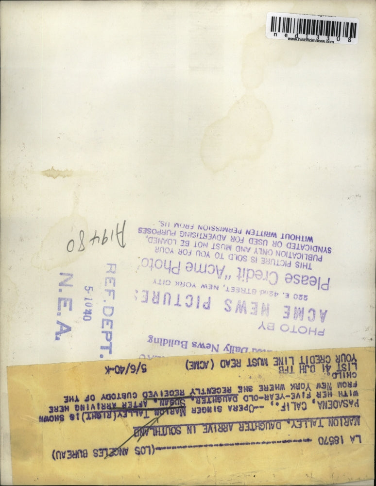 1940 Media Photo Pasadena Calif Opera star Marion Talley & daughter Susan