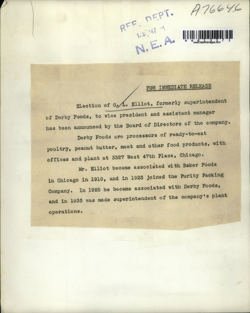 1947 Press Photo G.L. Elliot, Vice President and Assistant Manager Derby Foods