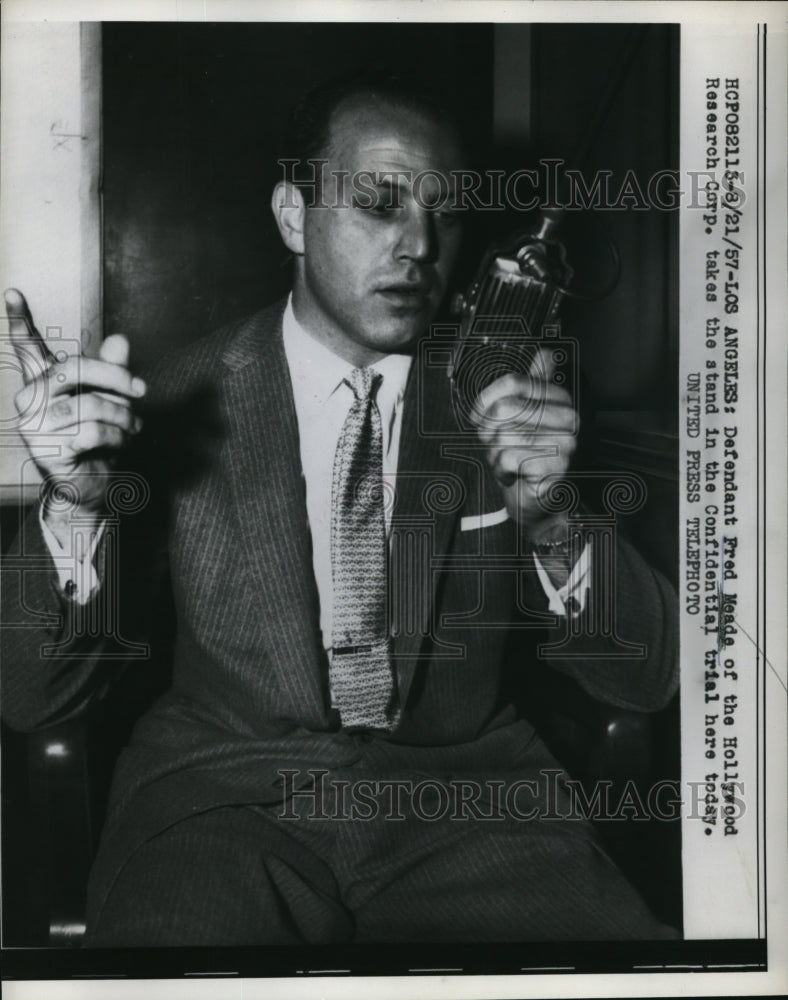1957 Press Photo Fred Meade of Hollywood Research Corp,in his Confidential Trial