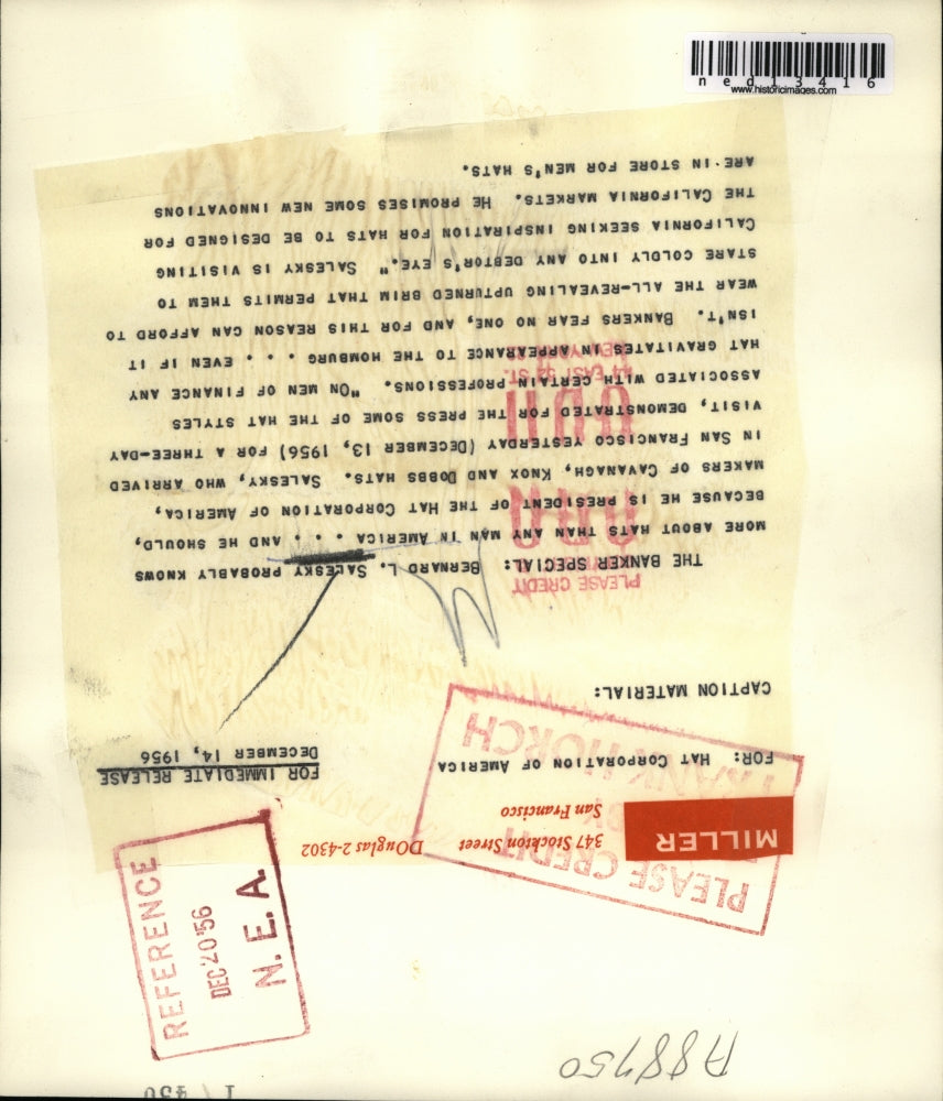 1956 Press Photo Bernard L Salesky Cavanagh Knox San Francisco Hat CEO