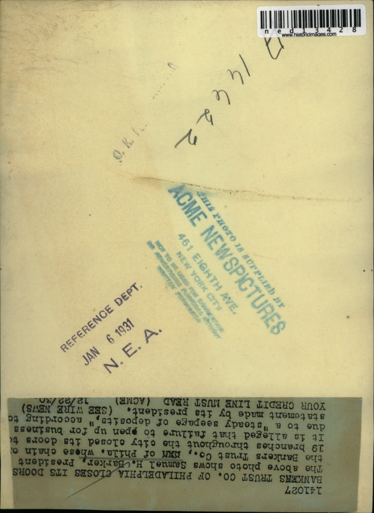 1930 Media Photo Samuel H. Barker of Bankers Trust Company