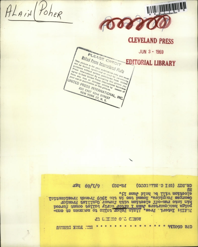 1969 Media Photo Interim President Alain Poher at Campaign Headquarters Paris