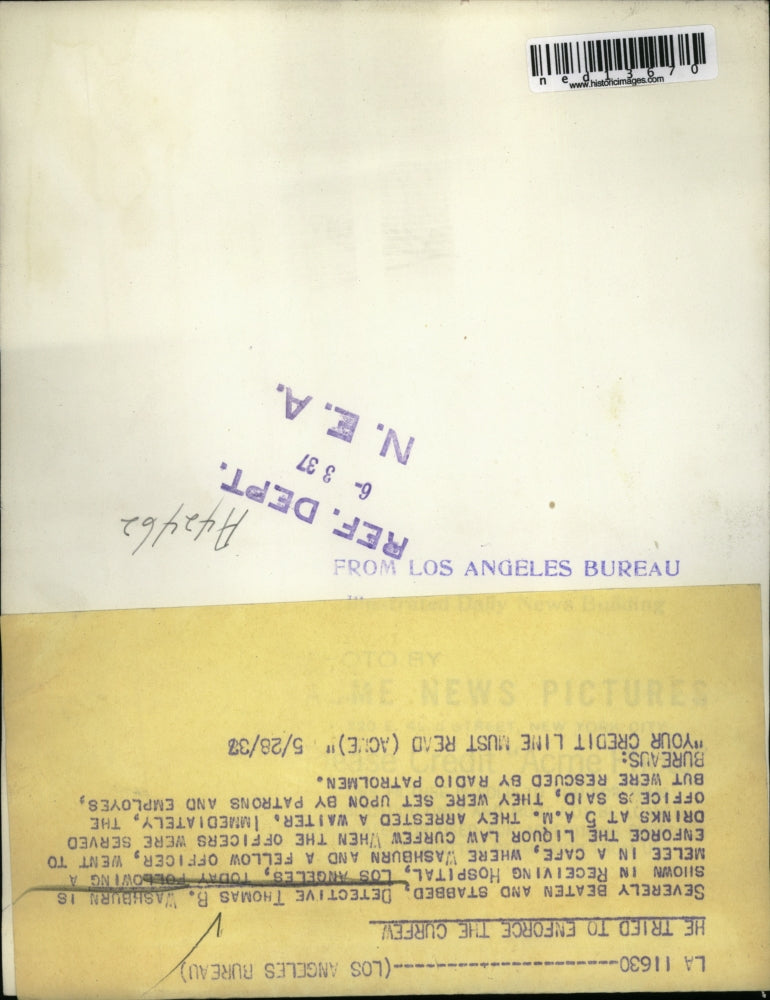 1937 Media Photo Detective Thomas B. Washburn in LA Hospital After Stabbing