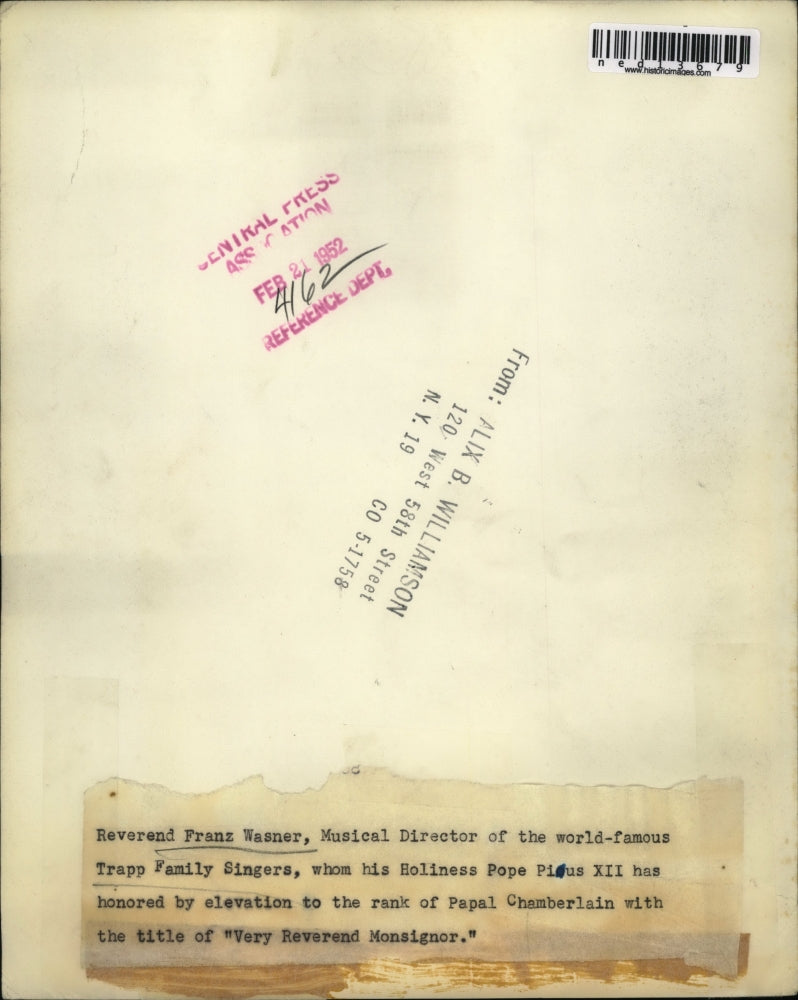 Load image into Gallery viewer, 1952 Media Photo Reverend Franz Wasner Was Elevated To Papal Chamberlain
