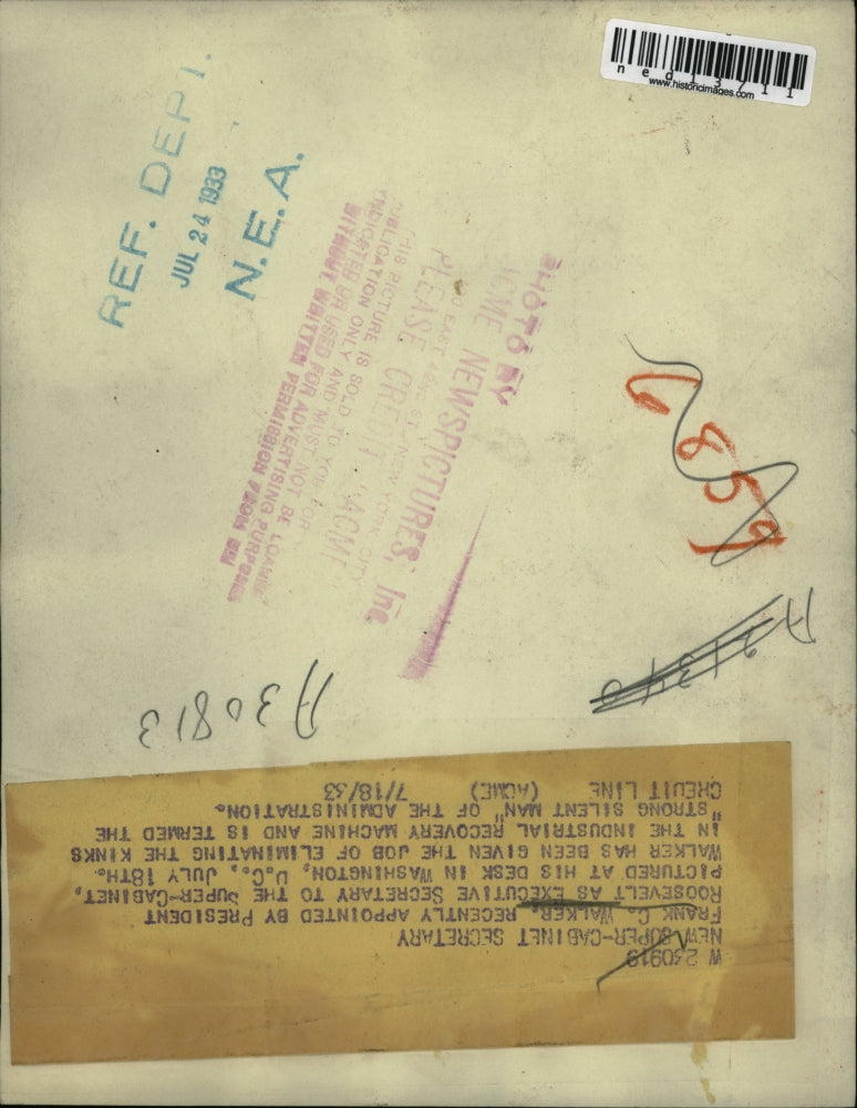 1933 Media Photo Roosevelt Adviser/ Politician/ Lawyer Frank C. Walker