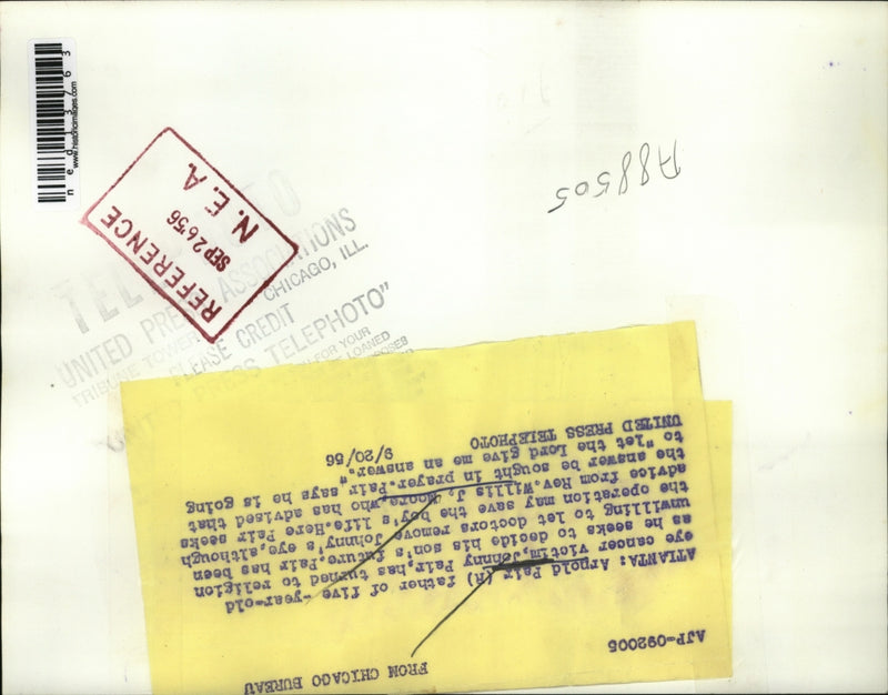 Load image into Gallery viewer, 1955 Media Photo Arnold Pair parent of eye cancer with Rev. Willi J. Moore.
