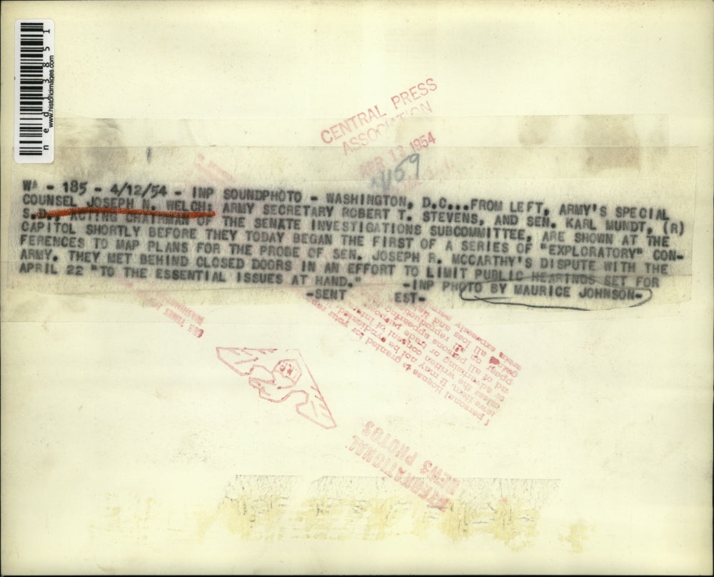 1954 Media Photo Washington DC Joseph N Welch, Robert T Stevens and Sen Karl