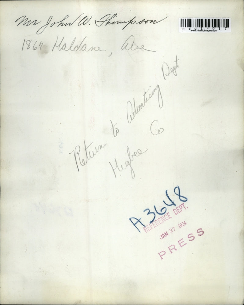 Load image into Gallery viewer, 1934 Media Photo John W Thompson of 1864 Haldane Ave of Higbee Co
