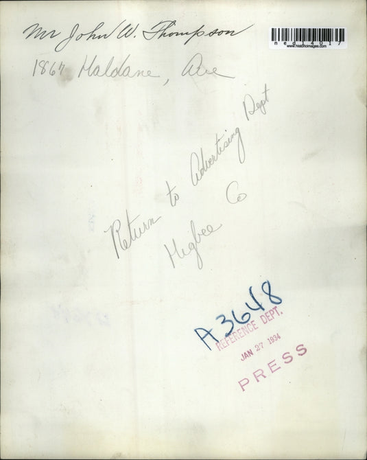 1934 Media Photo John W Thompson of 1864 Haldane Ave of Higbee Co