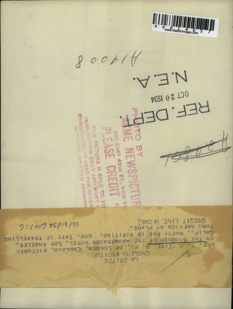 1934 Media Photo Los Angeles H Y Tate visit to America