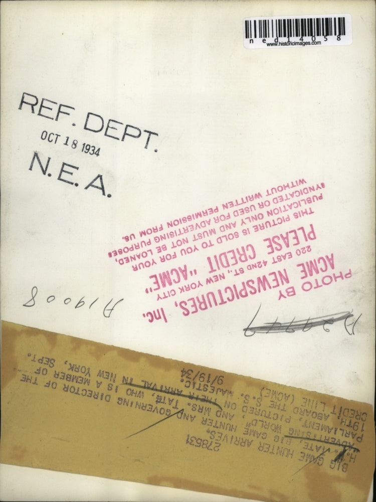 1934 Media Photo H Tate and Mrs. Tate visiting America