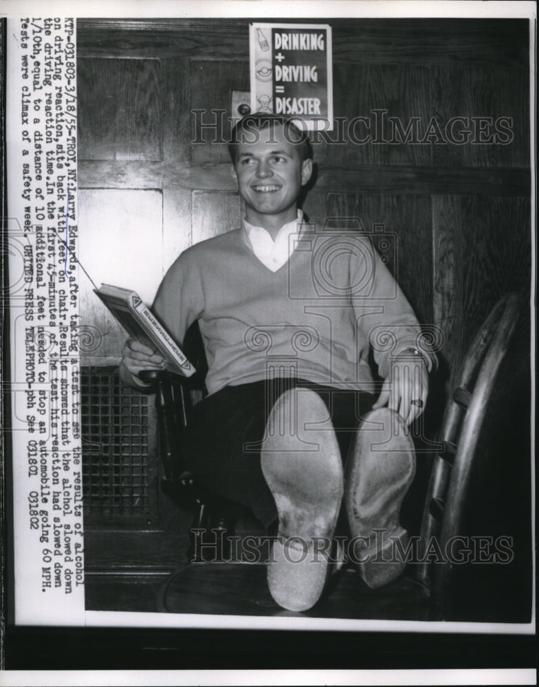 1955 Media Photo Larry Edwards after taking alcohol test in New York