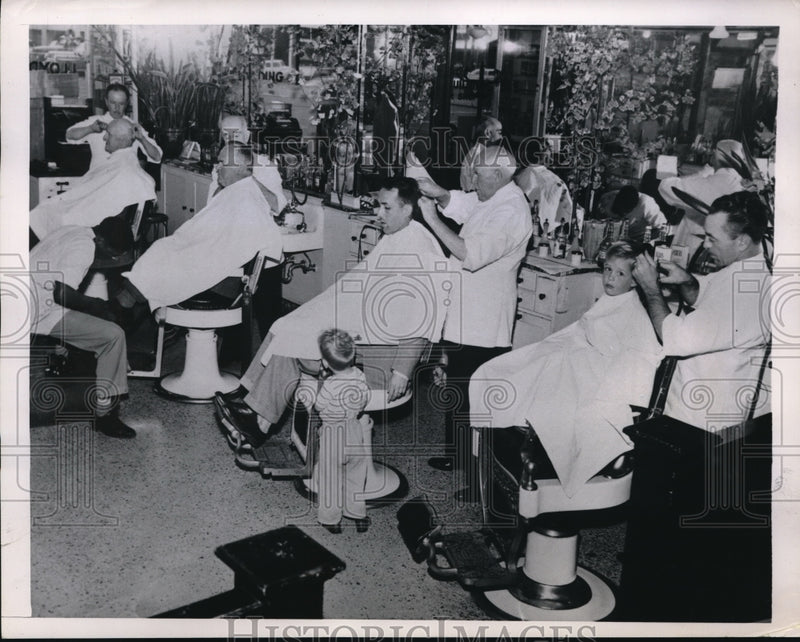 Load image into Gallery viewer, 1950 Media Photo Four Generations of Family Getting Haircuts Barber Shop
