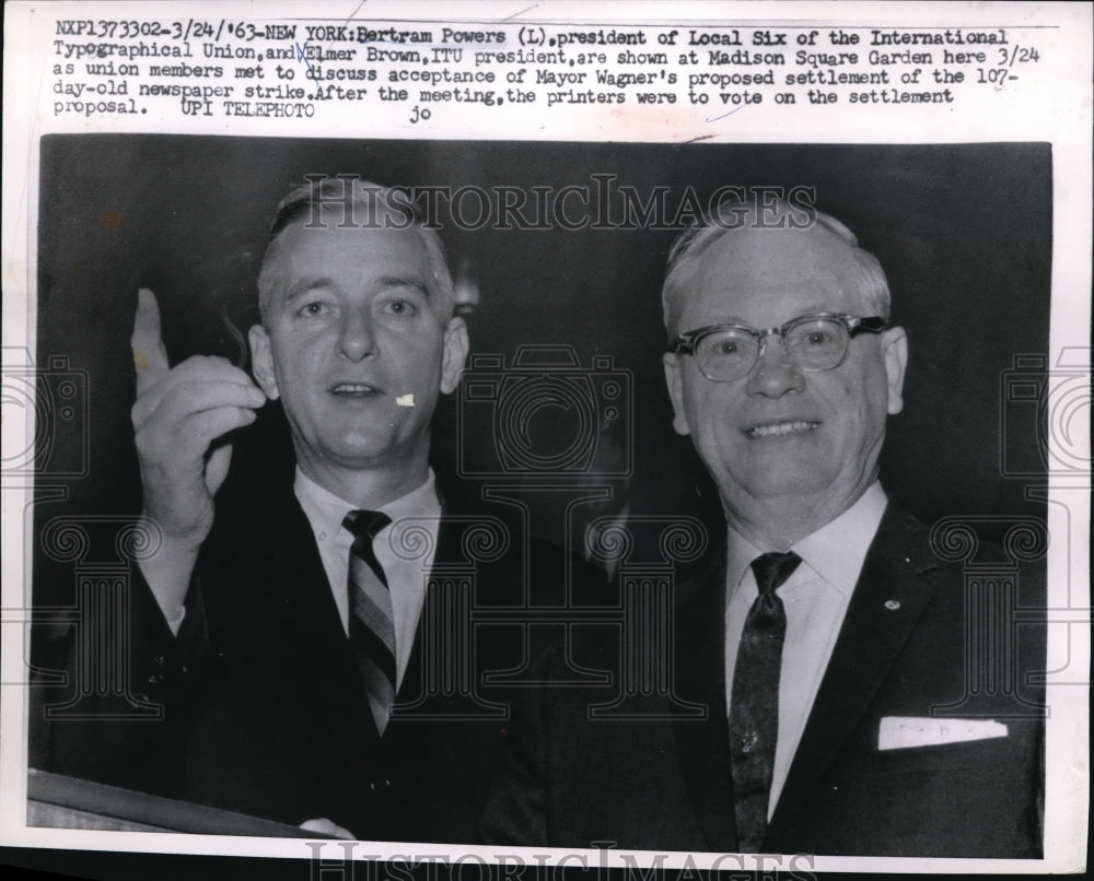 1963 Press Photo Bertram Powers, Elmer Brown, International Typographical Union