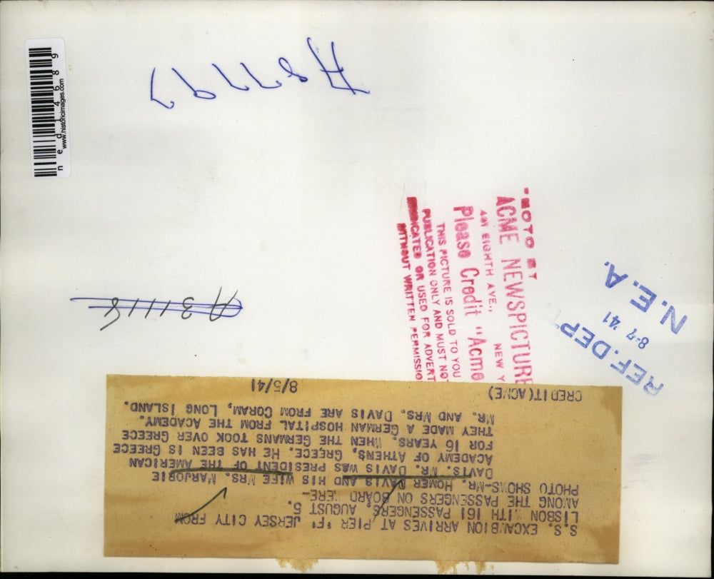 1941 Press Photo Mr & Mrs Homer Davis arrive from Athens Greece he was President