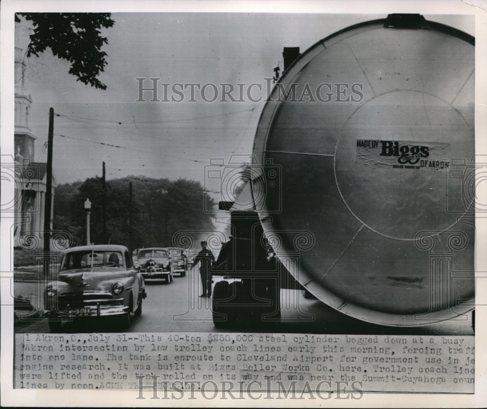 1951 Media Photo Akron Ohio Steel cylinder on a semi trailer blocks traffic