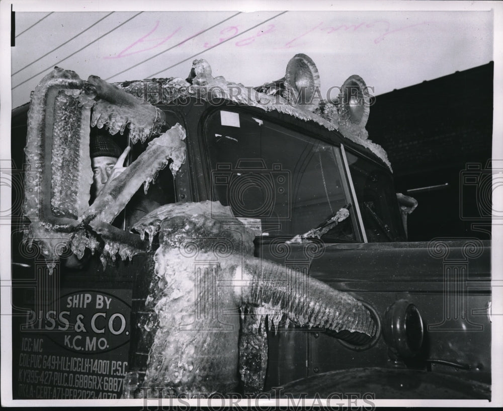 1953 Media Photo Chicago Ill. James Gibson in ice coated semi truck in storm