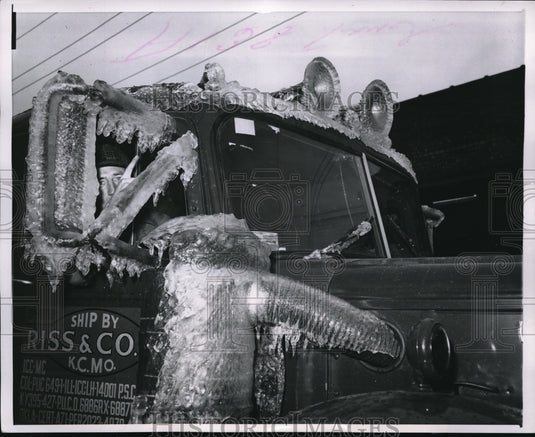 1953 Media Photo Chicago Ill. James Gibson in ice coated semi truck in storm