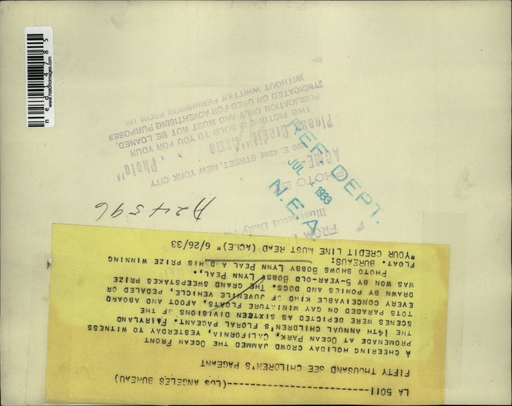 1933 Media Photo Ocean Park, Calif Bobby L Peal on parade float