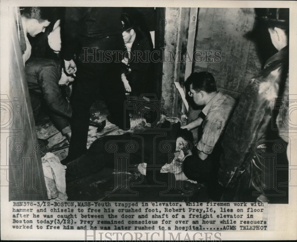 1948 Media Photo Boston Mass.Firemen work to free Rbt Frey from elevator