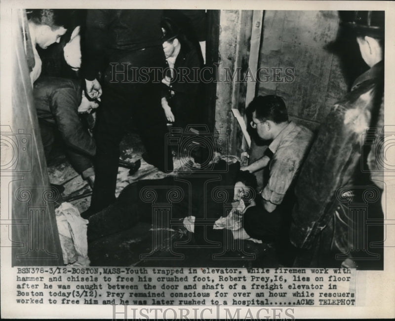 Load image into Gallery viewer, 1948 Media Photo Boston Mass.Firemen work to free Rbt Frey from elevator
