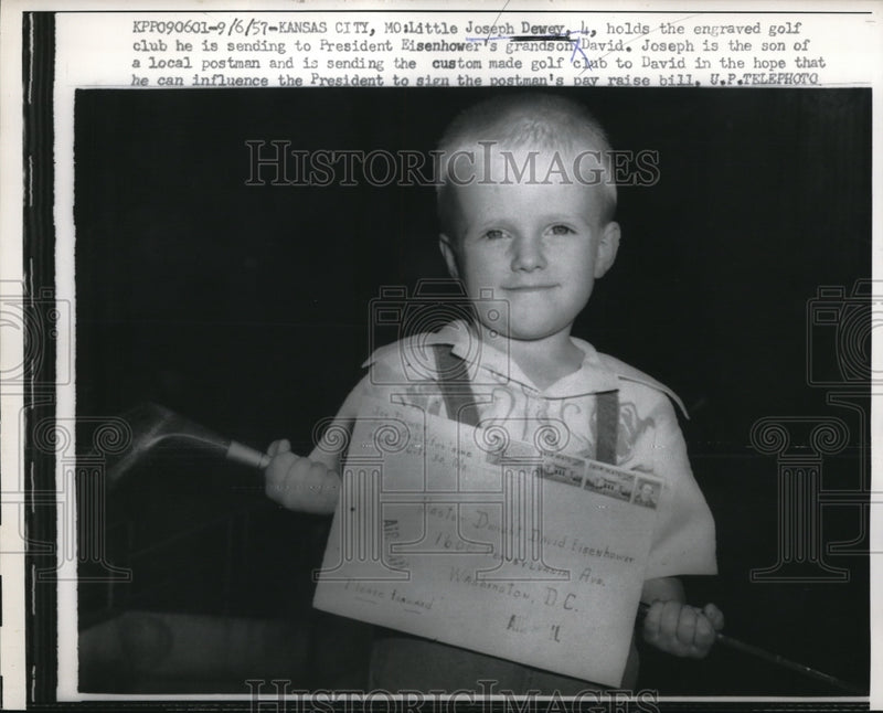 Load image into Gallery viewer, 1957 Media Photo Kansas City Mo Joe Dewey age 4 &amp; golf club for Pres Eisenhower
