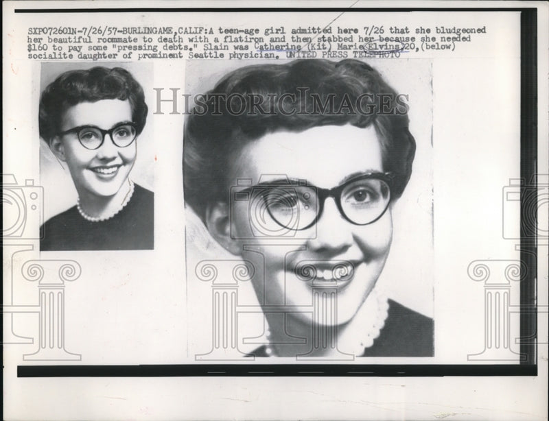 Load image into Gallery viewer, 1957 Media Photo BurlingameCalif Catherine MArie Elvins slain by her roomate
