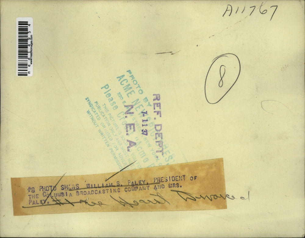 1937 Media Photo Williams S Paley Columbia Broadcasting Company With Wife