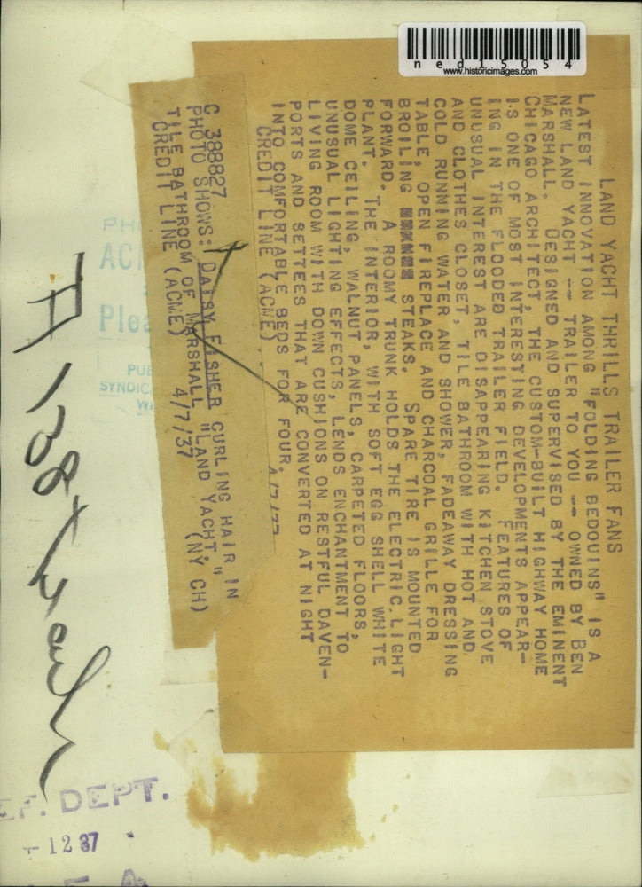 Load image into Gallery viewer, 1937 Media Photo Daisy Fisher curling hair in bathroom of Marshall Land Yacht

