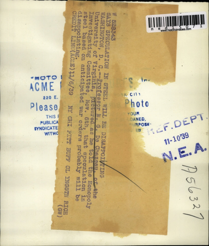 1939 Media Photo Professor M. G. De Chazeau Tells Speculation In Steel