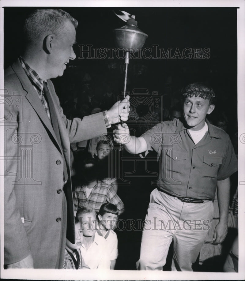 Load image into Gallery viewer, 1958 Media Photo Bob Peterson Hands Torch To Tom Sweeney
