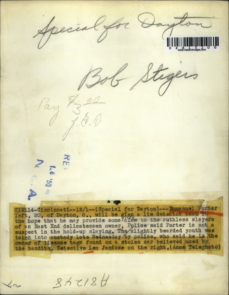 1950 Media Photo Cincinnati Murder Suspect Emanuel Porter, Detective Leo Janicke