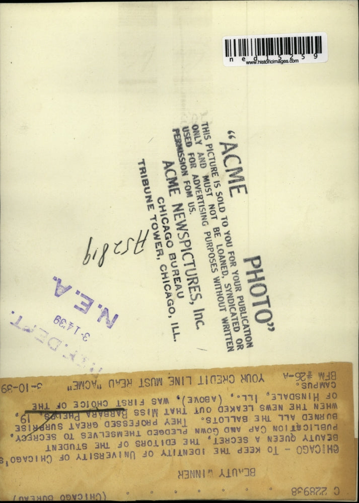 1939 Press Photo Miss Barbara Phelps Beauty Queen of University of Chicago