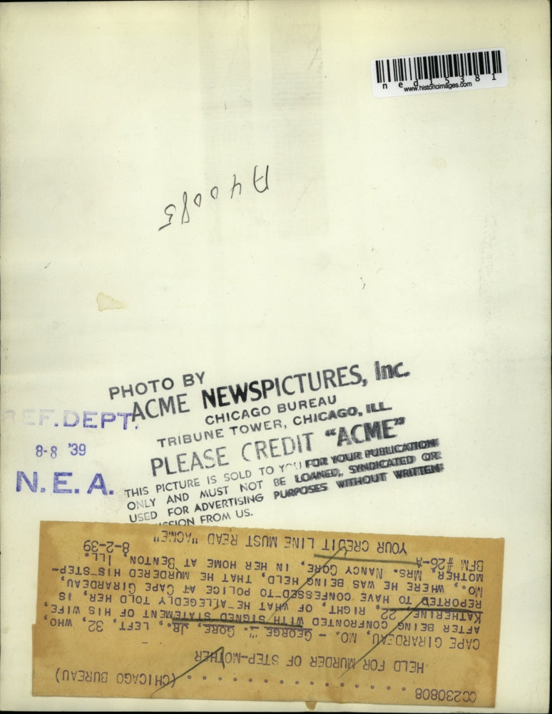 Load image into Gallery viewer, 1939 Media Photo Cape Gireadeau, Mo George Gore Jr murderer of Mrs N Gore
