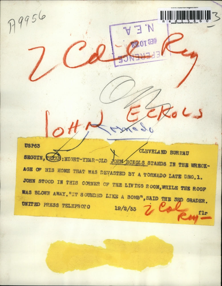 1953 Press Photo John Eckols in his home that was devastated by tornado in Texas