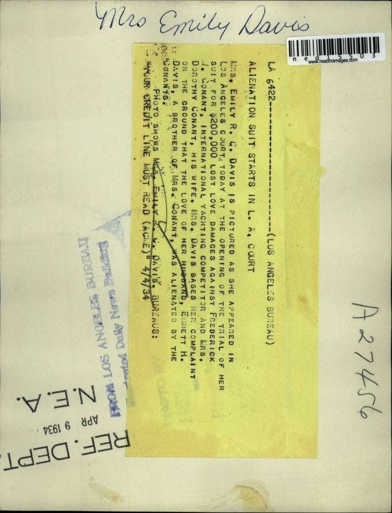 1934 Press Photo Mrs Emily Davis appeared in Los Angeles Curt at opening