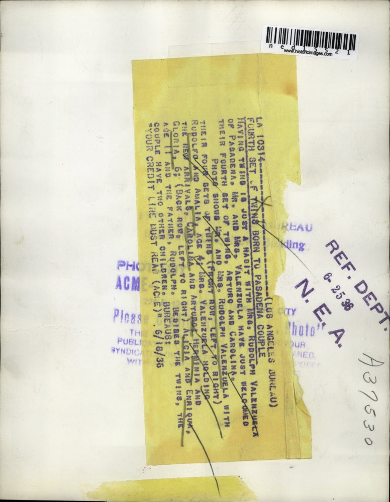 1936 Media Photo Mr & Mrs Rudolph Valenzuela & four sets of twins