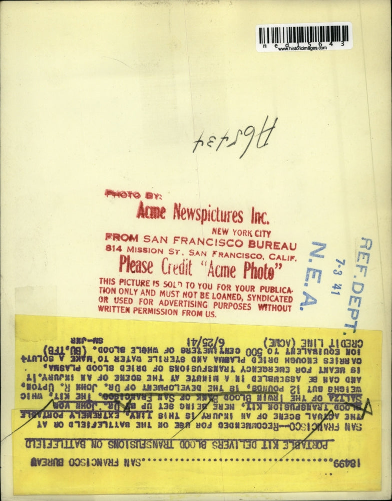 1941 Media Photo San Francisco Dr John Saltza at Irwin Blood Bank