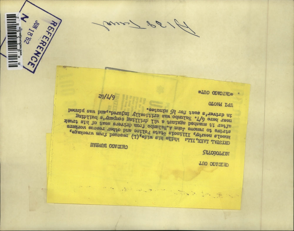 1962 Media Photo Crystal Lake Ill JA Balumbo & wife rescued from truck wreck